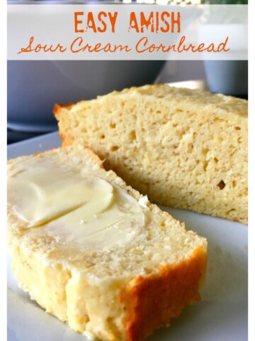 This photo shows a piece of Amish Sour Cream Cornbread with butter.