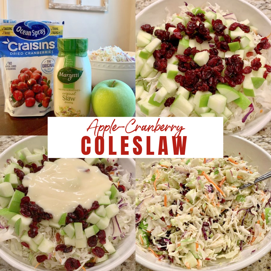 This is a 4 photo collage showing the ingredients and the slaw being made.