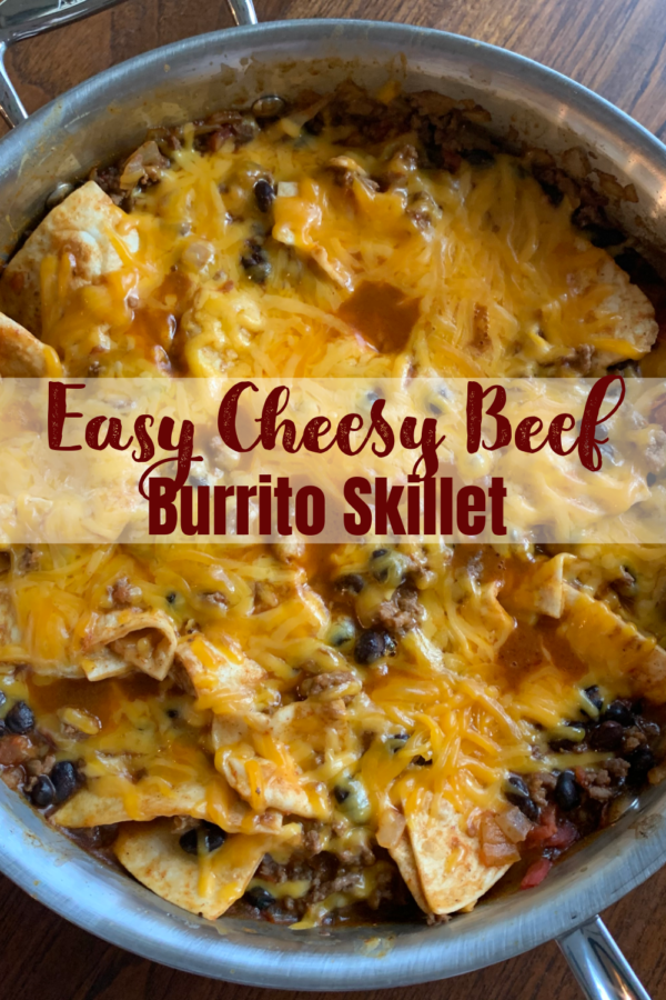 This photo shows cheesy burrito skillet in the pan, ready to serve.