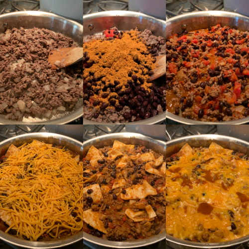 This is a 6 image collage showing Easy Cheesy Beef Burrito Skillet being made. 