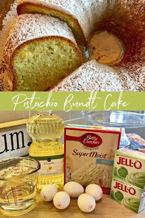 This is a 2 photo collage - top photo of a Pistachio Bundt Cake cut, showing the inside of the cake. The bottom photo shows the ingredients needed to make the cake displayed on a cutting board. Water, oil, 5 eggs, box of white cake mix and two boxes of pistachio pudding.