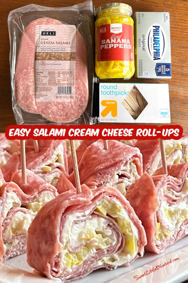 This is a 2 photo collage. The top photo shows the ingredients needed for the rolls ups - salami, jar of banana peppers, a block of cream cheese, and a box of toothpicks. The bottom photo shows a close up picture of roll-ups served on a white plate.