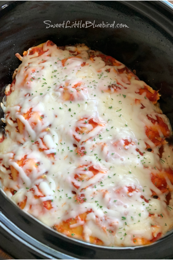 Photo of SLOW COOKER RAVIOLI LASAGNA in the slow cooker.