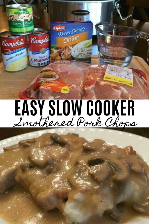 EASY SLOW COOKER SMOTHERED PORK CHOPS with MUSHROOM and ONION GRAVY