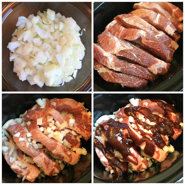 This is a 4 photo collage showing the ribs being prepared in the slow cooker. 