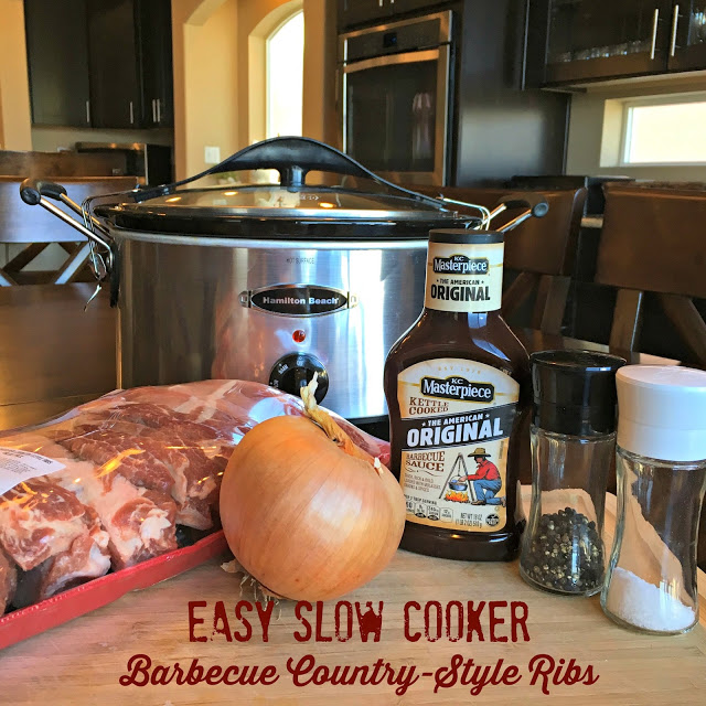 This photo shows the ingredients to make Slow Cooker Barbecue Country-Style Ribs on a kitchen table. 