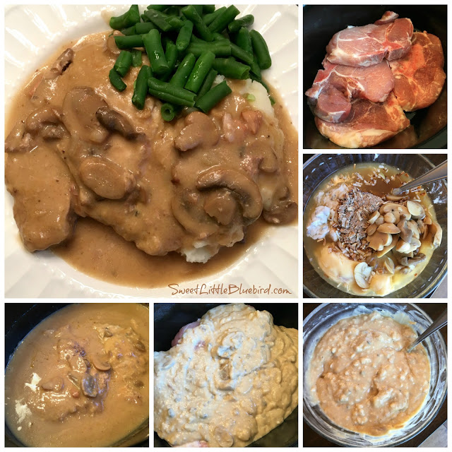 This is a 6 photo collage showing the pork chops being made with a large photo showing a pork chop with the gravy served over mashed potatoes with a side of green beans. 