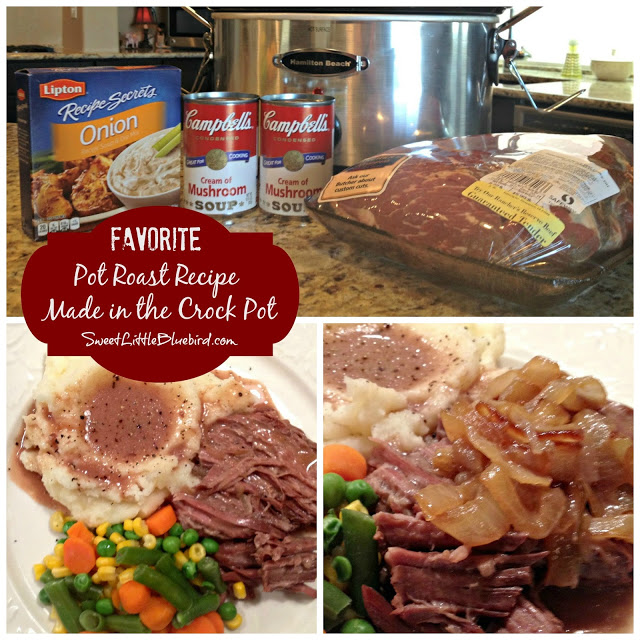 This is a three  photo collage. The top photo shows the ingredients needed to make the Pot Roast, with a slow cooker in the background. The bottom two pictures show a plate with slow cooked pot roast topped with caramelized onions, next to steamed vegetables (corn, peas and carrots) and mashed potatoes with the gravy from the roast. 
