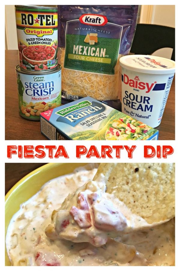 This is a 2 photo collage. The top photo shows the ingredients for the dip - shredded cheddar cheese, can of rotel, packet of Hidden Valley Fiesta Dip packet and Sour Cream, along with a bag of tortilla chips. The bottom photo shows the dip served in a bowl. 