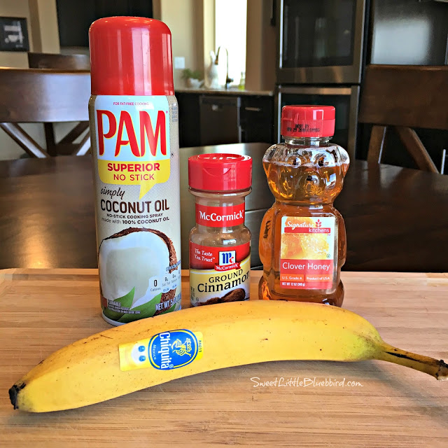 This photo shows the 4 ingredients needed to make fried bananas, a banana, coconut oil, cinnamon and honey. 