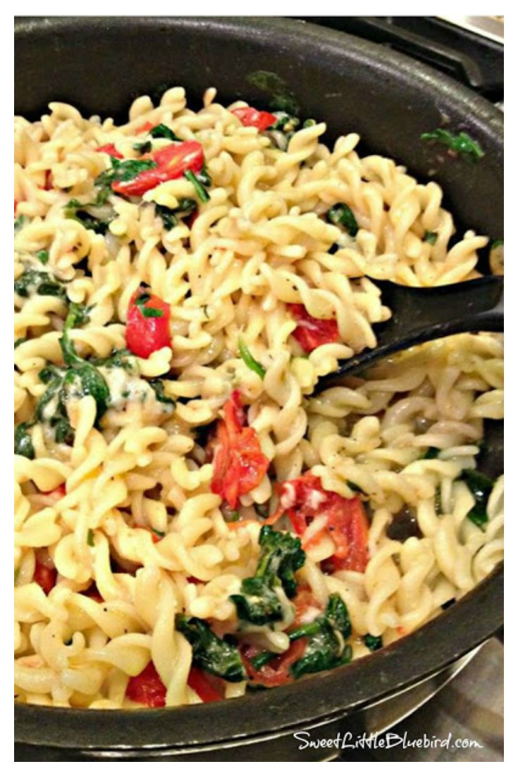 Fusilli with Spinach, Tomatoes, Asiago and Parmesan Cheese