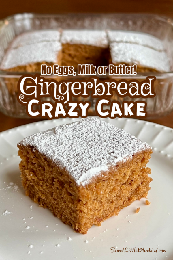 This is a photo of a piece of Gingerbread Crazy Cake with a dusting of powdered sugar, served on a white plate with the cake in a clear glass baking pan behind the plate.