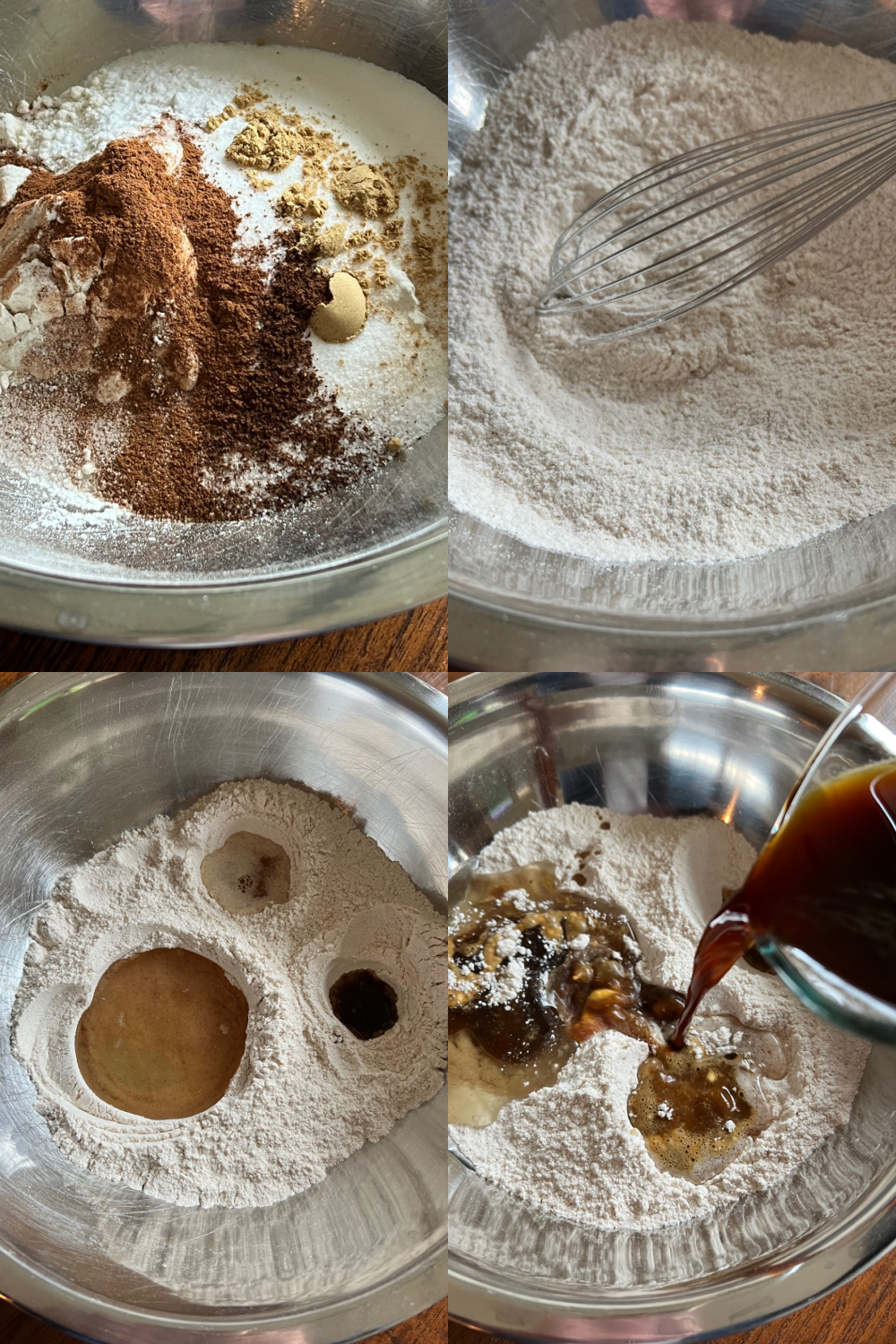 This is a four photo collage showing pictures making the crazy cake in a large silver mixing bowl. 