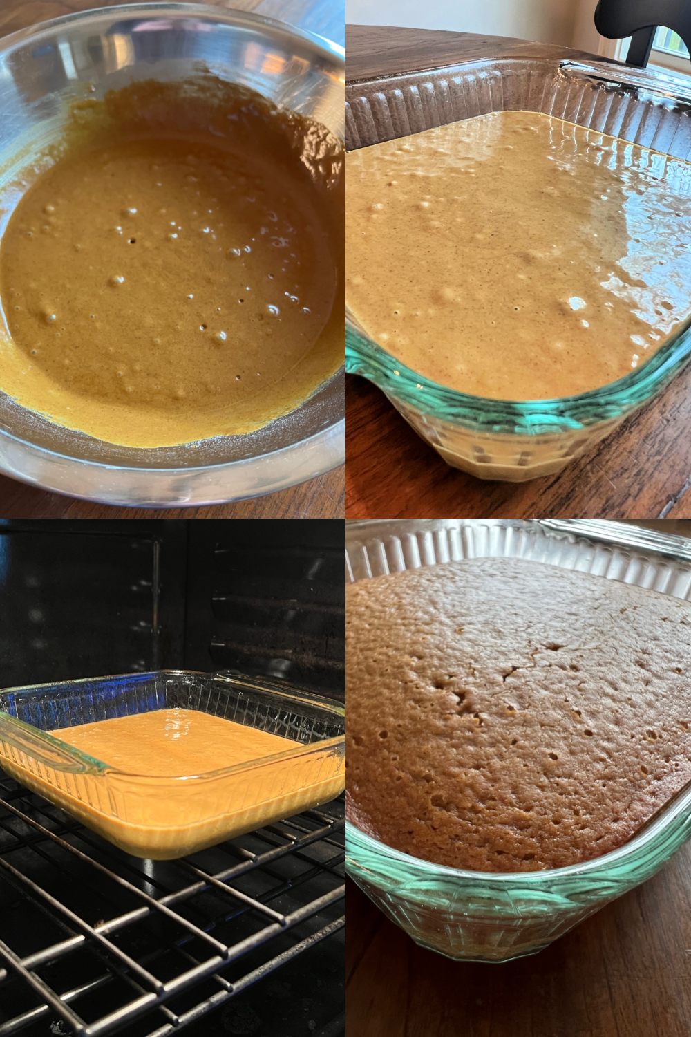 This is a 4 photo collage showing the cake being made. One photo shows the finished batter in a silver bowl. The second photo shows the batter in a clear glass 8x8 baking dish. The third photo shows the pan placed in the oven ready to bake. The last photo shows the cake after baking.  