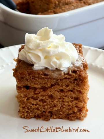 This is a photo of a piece of Gingerbread Crazy Cake served on a round white plate topped with whipped cream.
