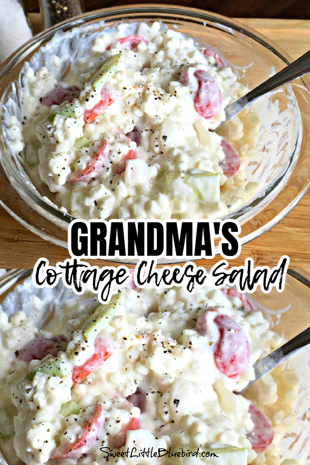 This is a two photo collage showing Grandma's Cottage Cheese Salad Collage in a clear mixing bowl with a spoon.