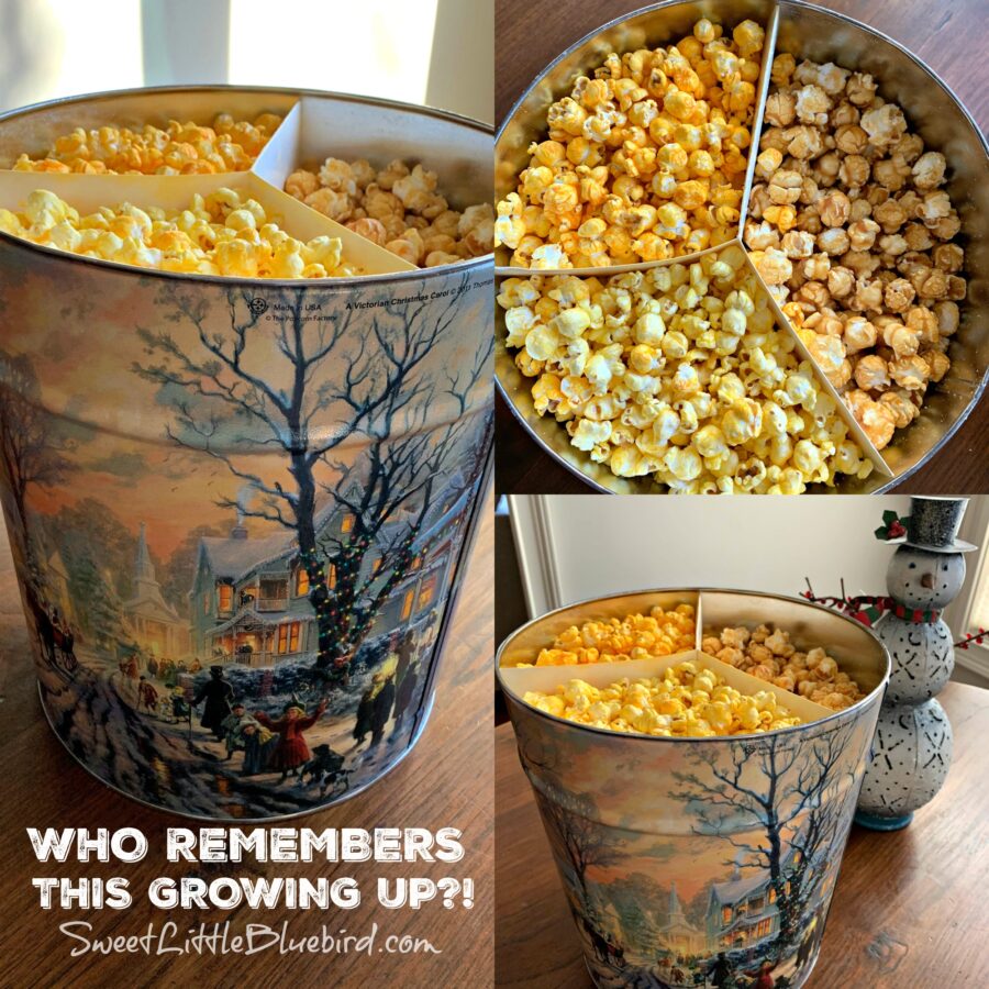 Big Tin of Holiday Popcorn with a winter scene