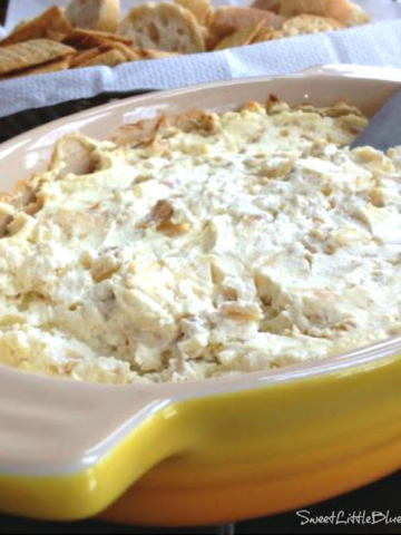 This photo shows the clam dip in the baking dish after baking, ready to serve.