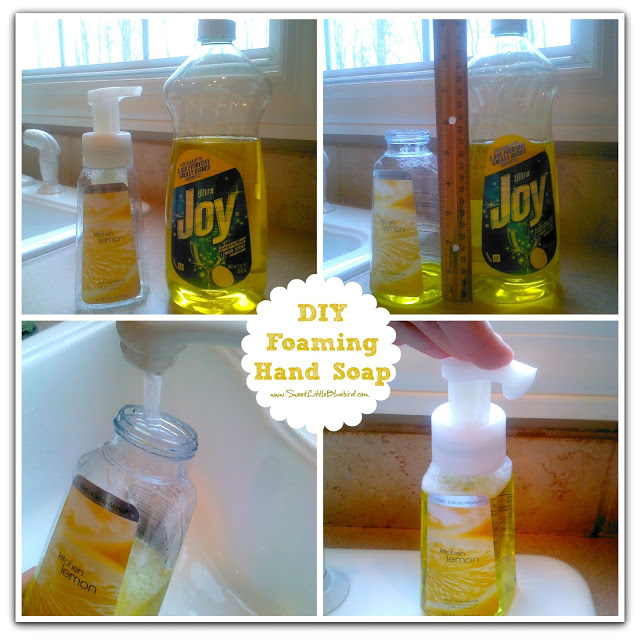 This is a 4 photo collage showing pictures making the foaming hand soap.
