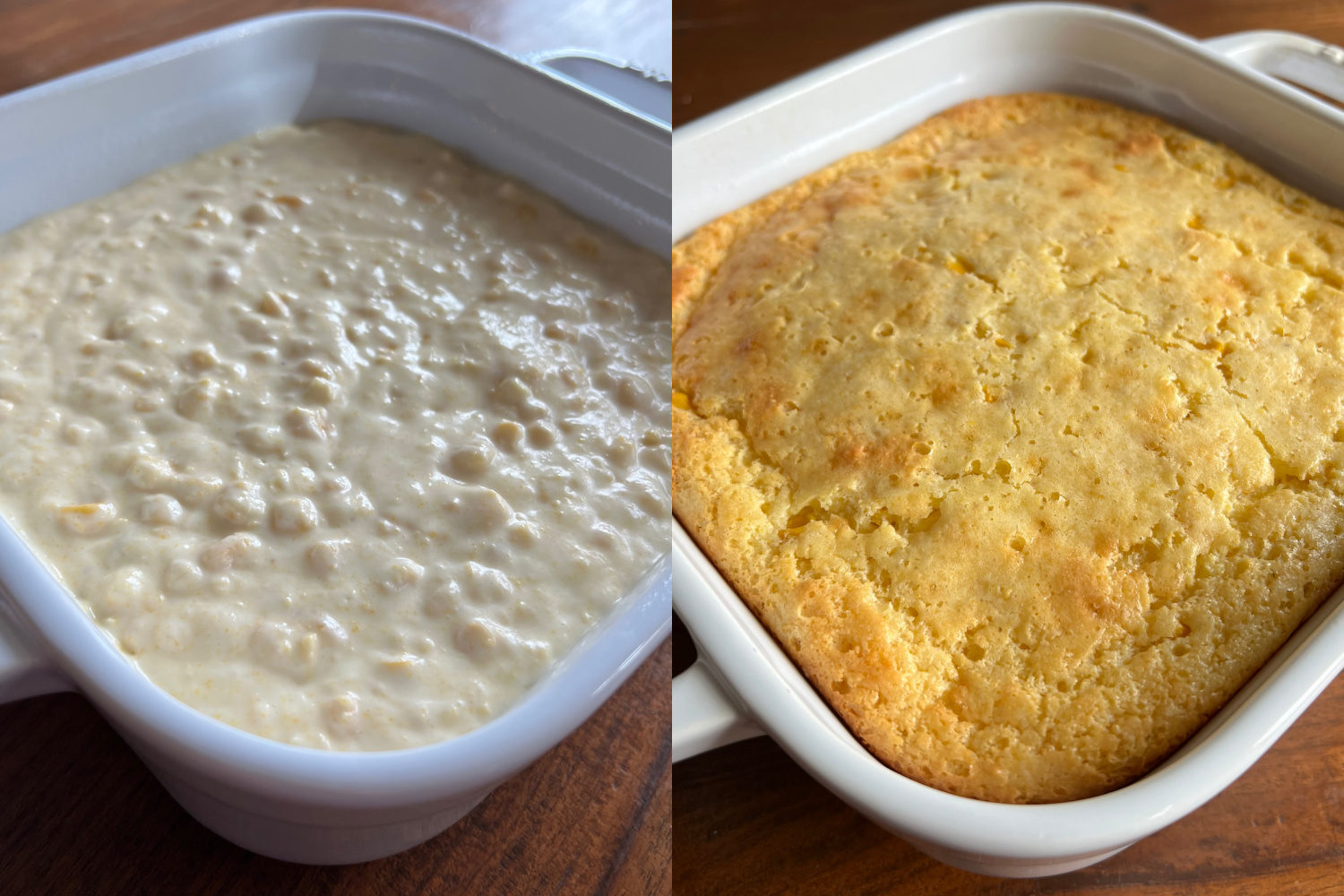 This is a 2 photo collage. These photos show before and after of the casserole in a white square baking dish. Left photo is the casserole with raw batter. Right photo shows the casserole after baking. 