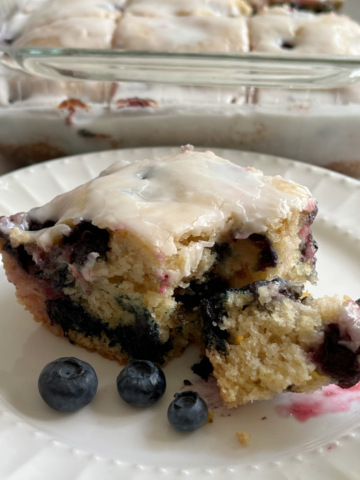 Last, add blueberries, fold into batter then pour into prepared baking dish.