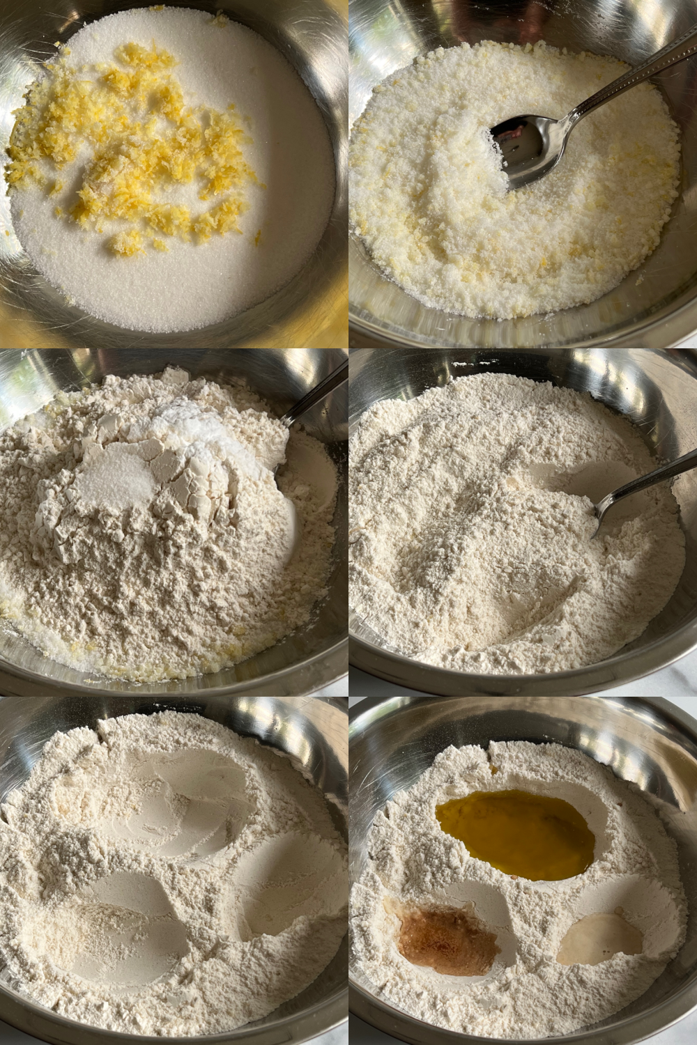 This is a six photo collage showing the cake batter being made in a large silver mixing bowl. 