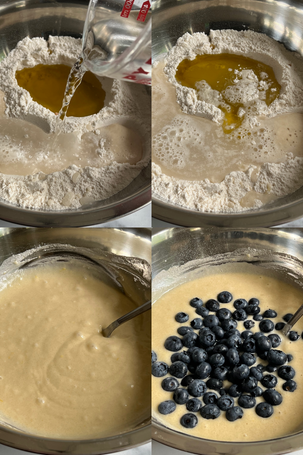 This is a four photo collage showing the cake batter being made in a large silver mixing bowl. 