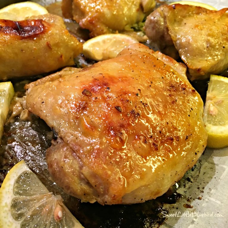 Easy Baked Lemon & Garlic Chicken Thighs - Sweet Little Bluebird