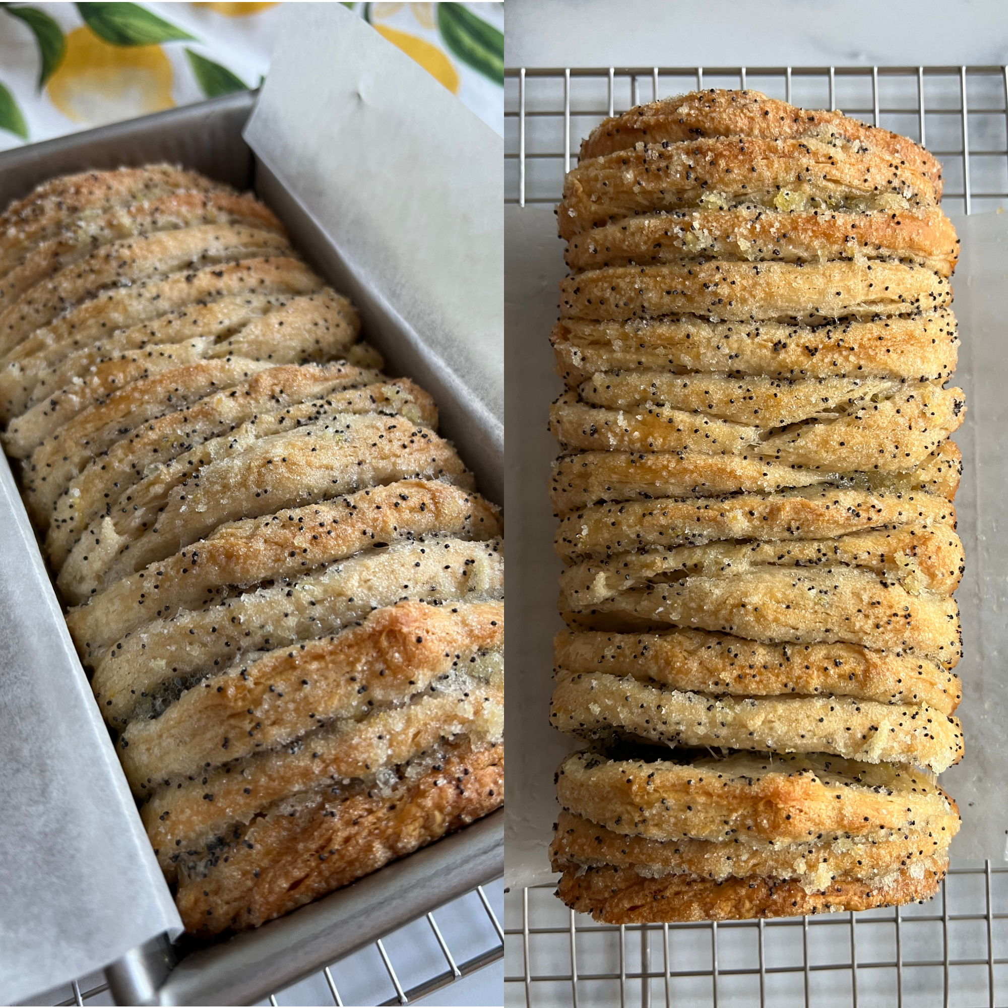 This is a two photo collage. One photo shows the bread in the pan after baking. The other photo shows the bread cooling on a rack.