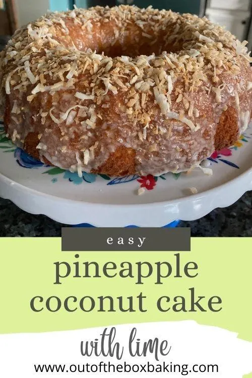 Photo of a Pineapple Coconut Bundt Cake on a cake platter - by Out Of The Box Baking