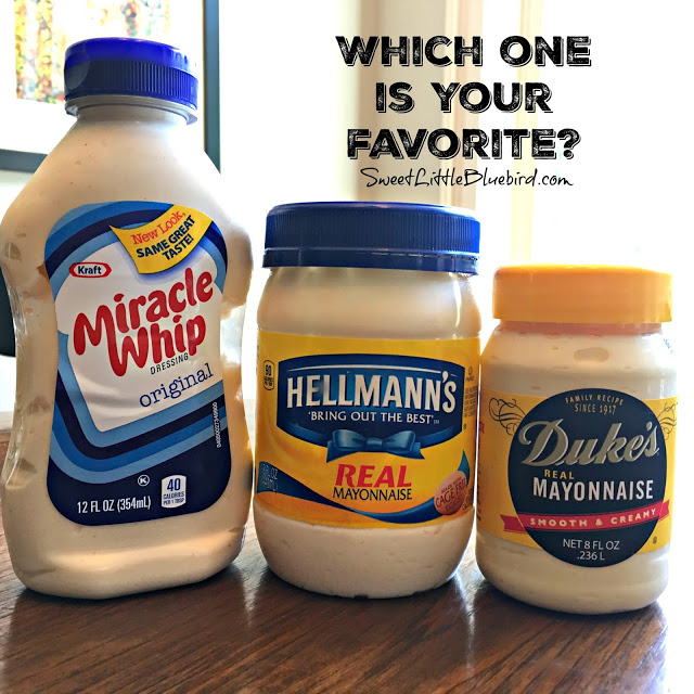 Squeeze Bottle Of Miracle whip, Jar of Hellmann's Mayo and a Jar of Duke's Mayonnaise -asking "WHICH ONE IS YOUR FAVORITE?"