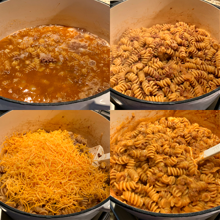 This is a 4 photo collage showing cheeseburger pasta being made. 