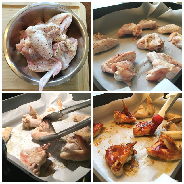 This is a 4 photo collage showing the chicken wings being made. A photo with the wings in a bowl. A photo of the wings on parchment paper and pan ready to bake. A photo of the wings being flipped while baking. And a photo of the wings being brushed with barbecue sauce during baking. 