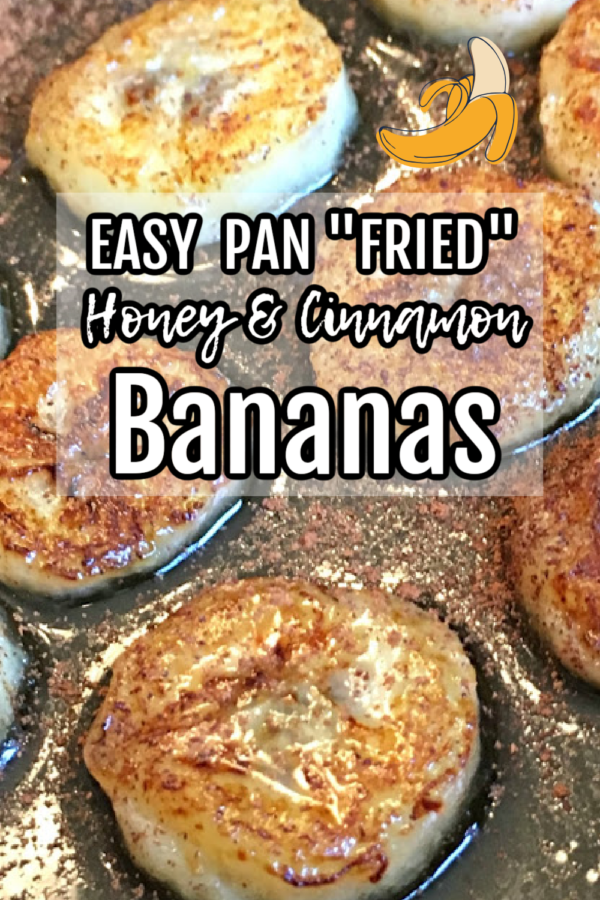 This photo shows bananas frying in a black non-stick skillet.