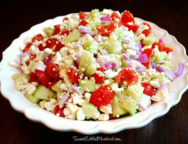 Photo of Potluck Pasta Salad in a white serving bowl.