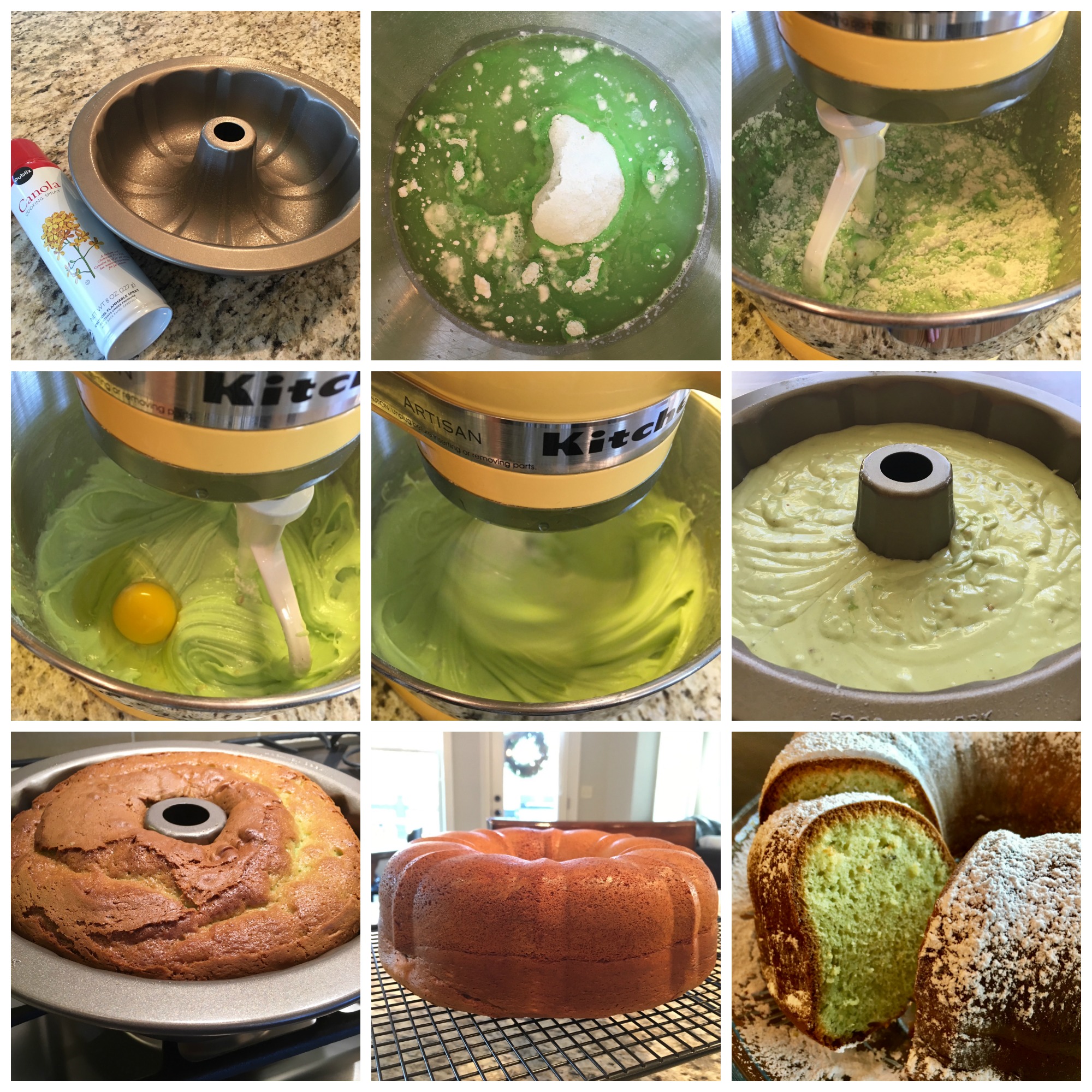 This is a 9 image collage showing the pistachio pudding cake being made.