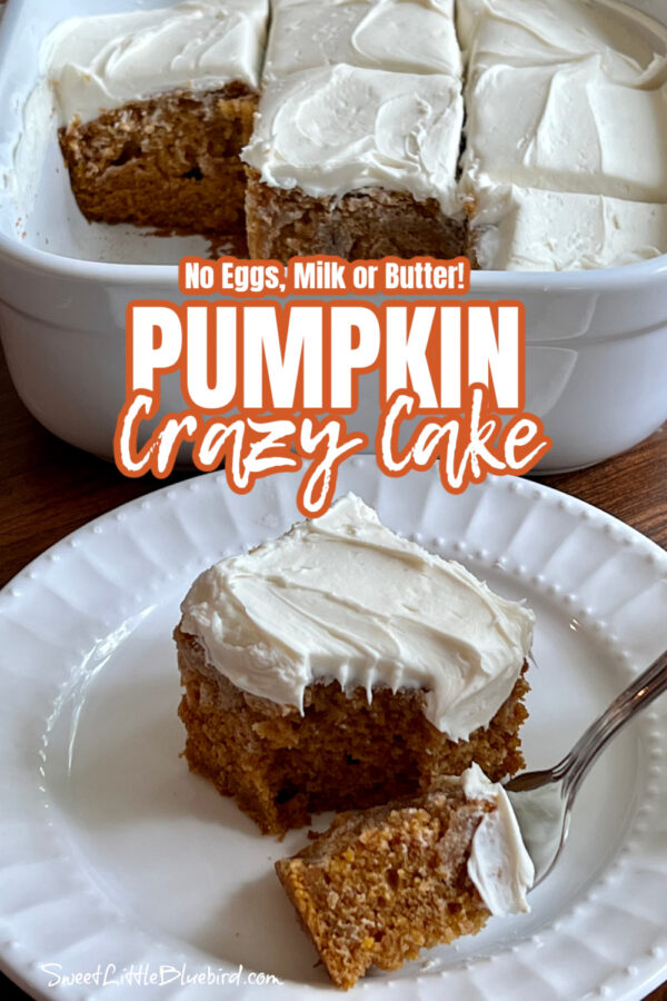 Photo of Pumpkin Crazy Cake in a white baking dish after baking topped with vanilla frosting cut into 9 square pieces. Next to cake pan is a slice of cake served on a white plate with a fork with a bite of the cake, ready to eat.