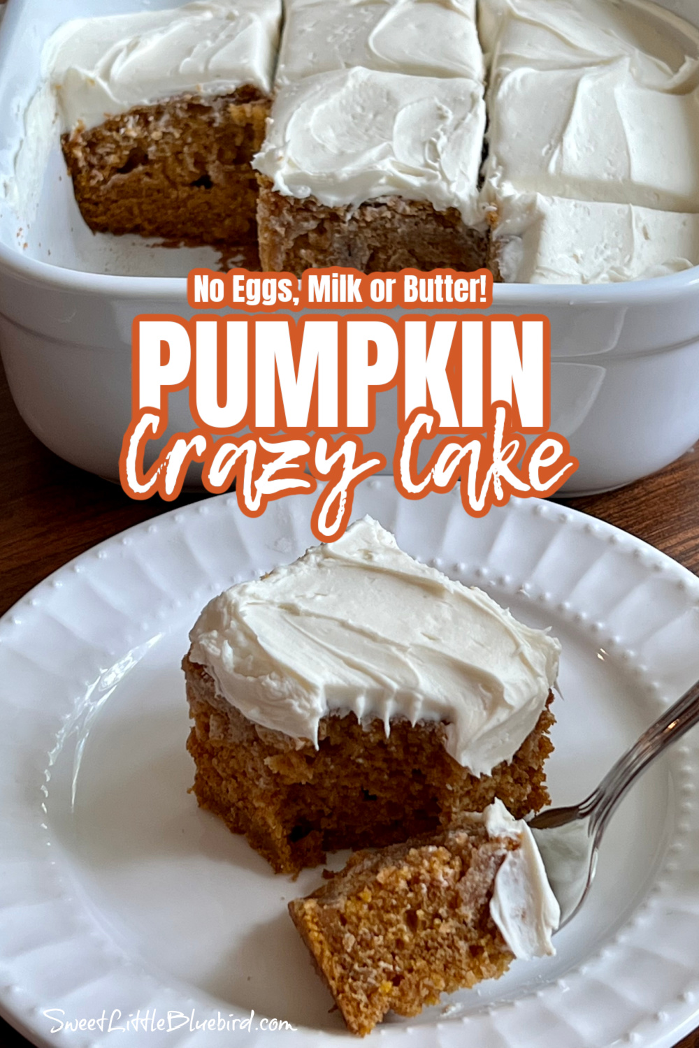Pumpkin crazy cake with vanilla frosting in a white baking dish, cut into square pieces with a piece of cake served on a white plate with a fork full of cake, ready to eat. 
