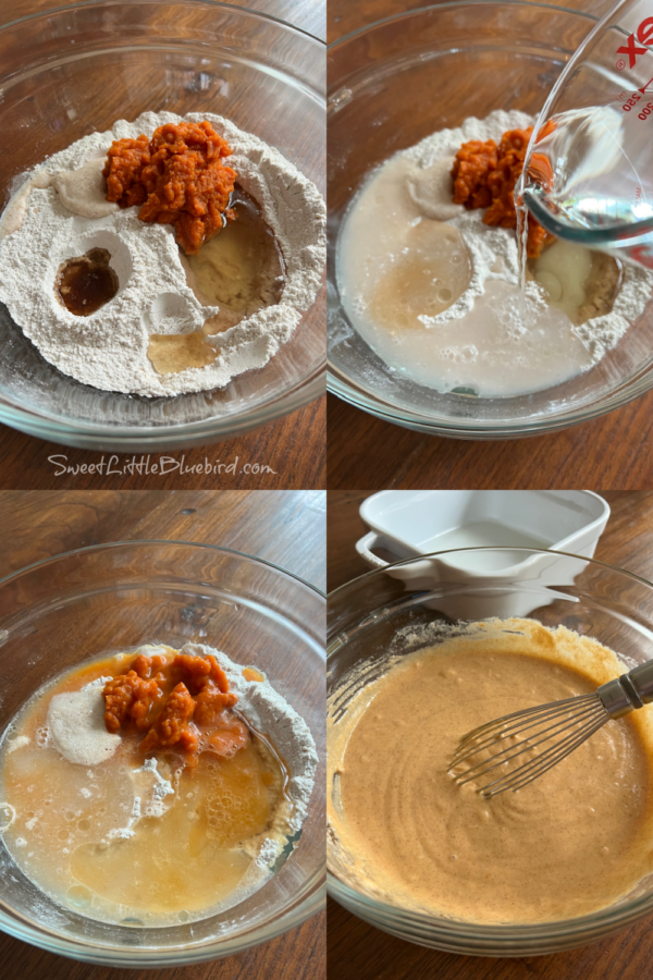 This is a 4 photo collage showing photos preparing the last steps for the cake batter - adding the pumpkin puree and water then mixing the batter in a large clear glass mixing bowl.