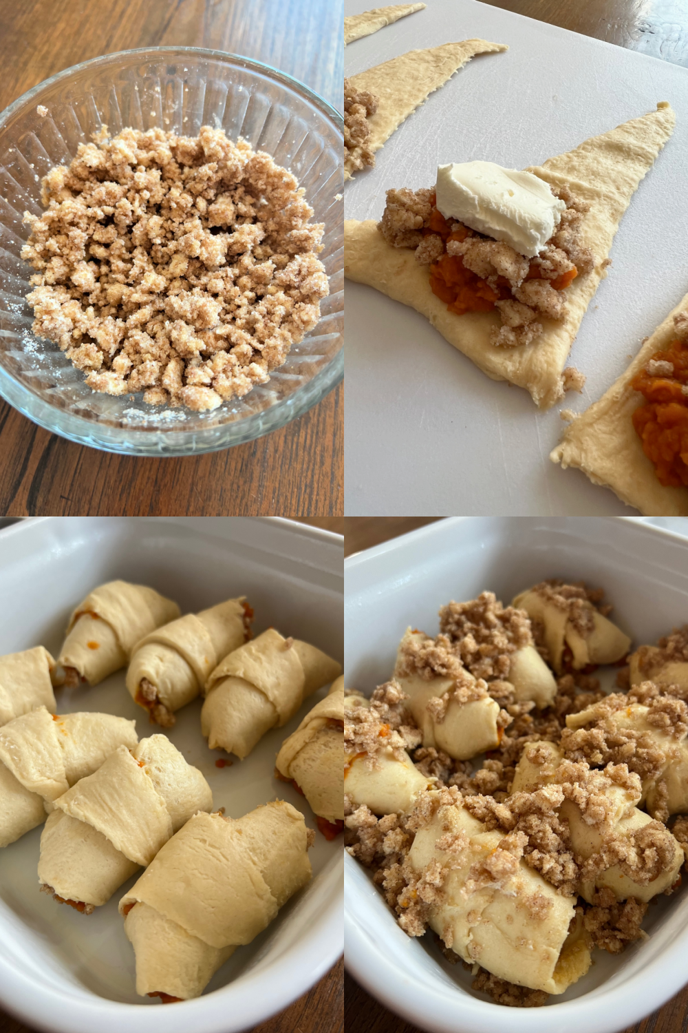 This is a 4 photo  collage showing pictures making the Pumpkin Crescent Roll Dumplings. 