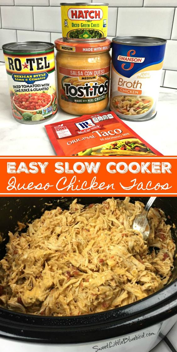 Slow Cooker Queso Chicken Tacos (4 Ingredients) Sweet Little Bluebird