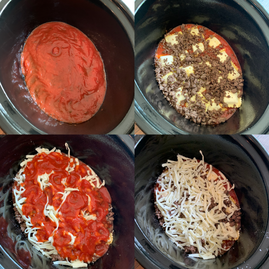 Slow Cooker Ravioli Lasagna photo collage with 4 photos making the recipe.