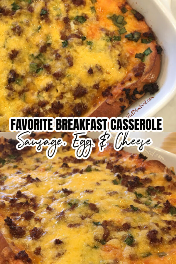 Photo collage with two photos of the sausage, egg and cheese casserole baked in white baking dish.