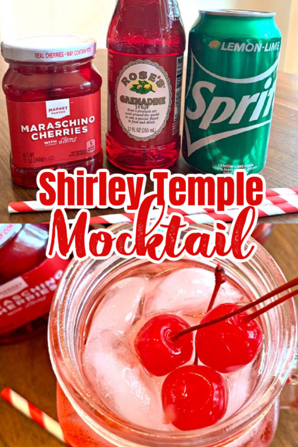 Photo of the ingredients for a Shirley Temple and a Shirley Temple served in a glass garnished with 3 cherries on top. in a glass.