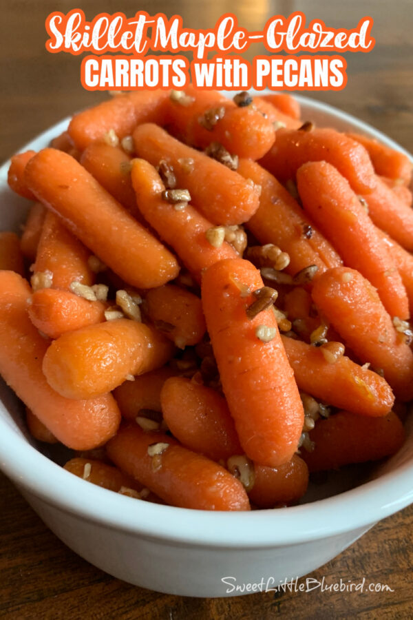 SKILLET MAPLE-GLAZED CARROTS with PECANS in White Swerving Dish 