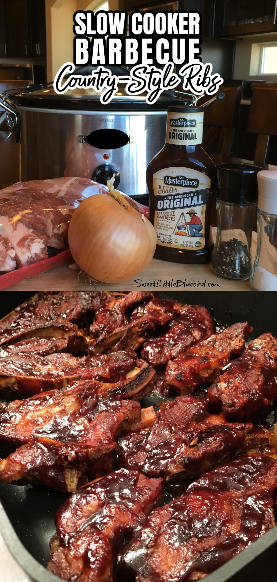 This is a 2 photo collage. The top picture shows the ingredients to make the ribs. The bottom photo shows the ribs in a pan, ready to serve. 