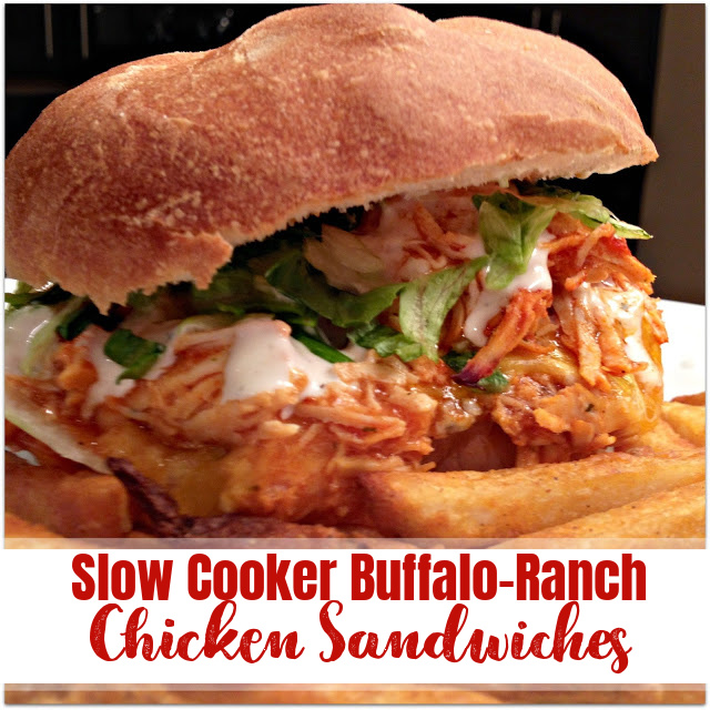 Slow Cooker Buffalo Ranch Chicken sandwich with fries