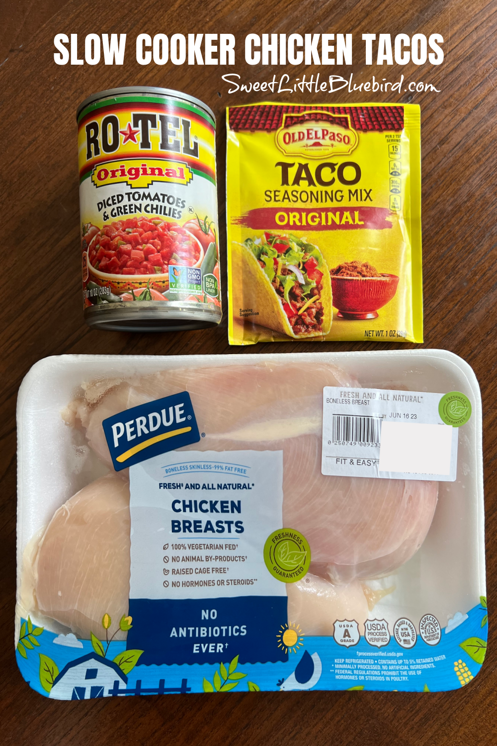 This photo shows ingredients needed to make Slow Cooker Chicken for tacos, burritos and bowls.