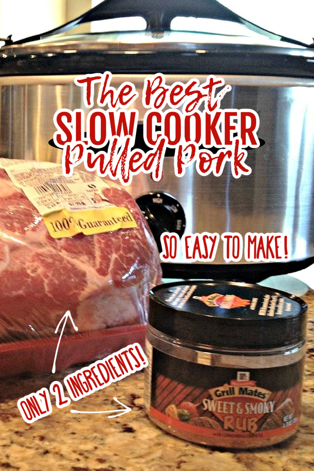 This is a photo showing the two ingredients needed to make the pork - pork shoulder in store packaging and a container of sweet and smoky rub. 