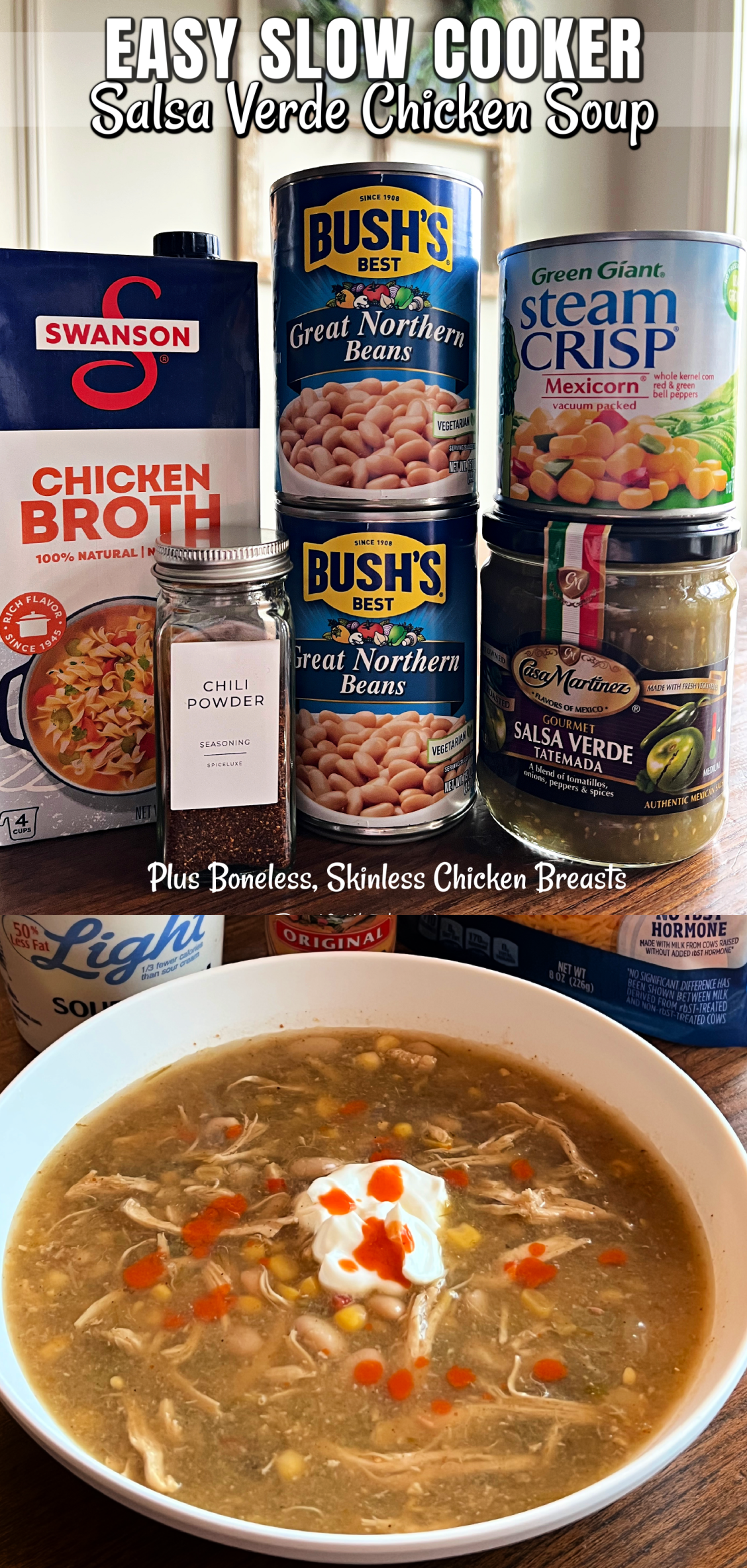 This is a two image collage. The top photo shows the ingredients to make the soup on a kitchen table. The bottom photo shows the soup served in a white bowl. 